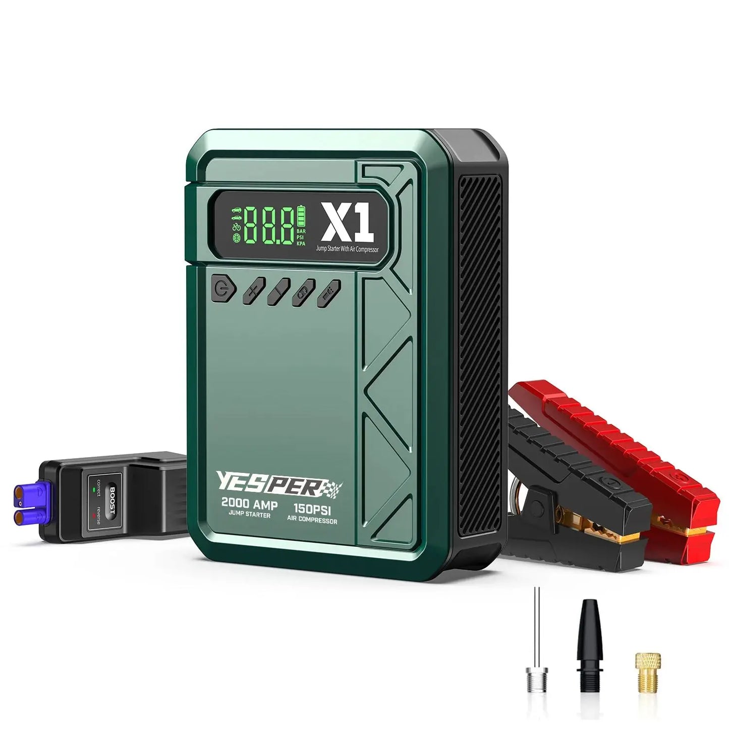 YESPER Arrancador con compresor de aire 2000A 150PSI batería arrancador portátil (8L Gas/6L Diesel), cargador de batería de 12 V con cables de puente, pantalla LCD.