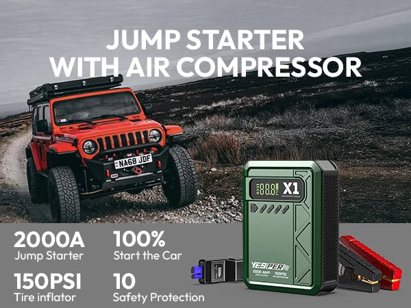 YESPER Arrancador con compresor de aire 2000A 150PSI batería arrancador portátil (8L Gas/6L Diesel), cargador de batería de 12 V con cables de puente, pantalla LCD.