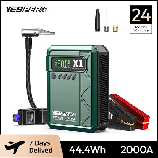 YESPER Arrancador con compresor de aire 2000A 150PSI batería arrancador portátil (8L Gas/6L Diesel), cargador de batería de 12 V con cables de puente, pantalla LCD.