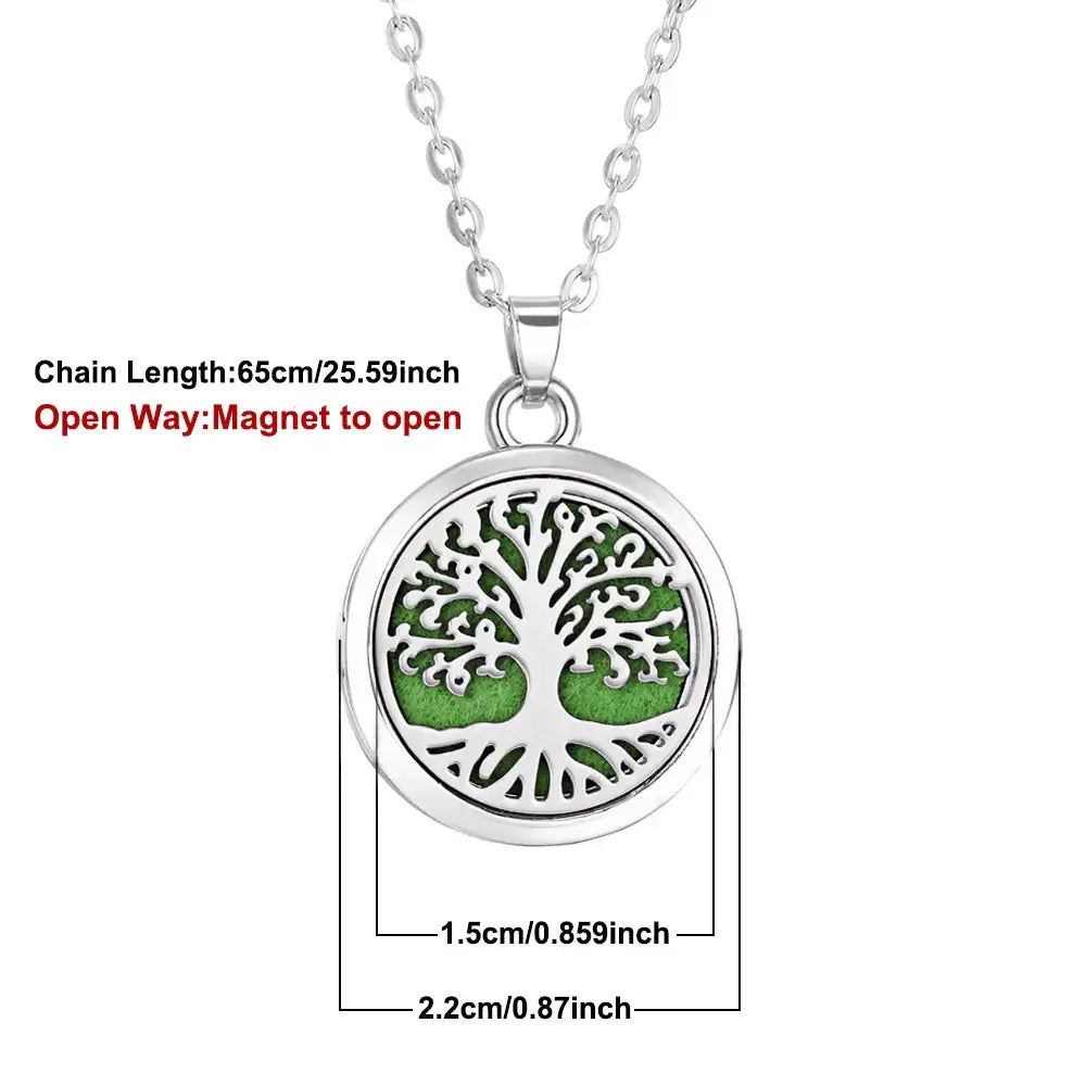 Collar difusor de aromaterapia en acero inoxidable con diseño de árbol, cadena de 65 cm y abertura magnética.