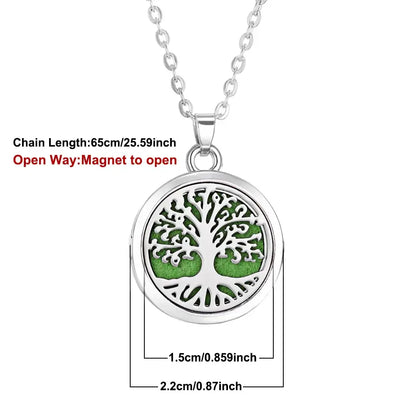 Collar difusor de aromaterapia en acero inoxidable con diseño de árbol, cadena de 65 cm y abertura magnética.