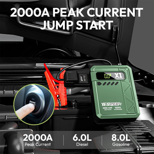 YESPER Arrancador con compresor de aire 2000A 150PSI batería arrancador portátil (8L Gas/6L Diesel), cargador de batería de 12 V con cables de puente, pantalla LCD.